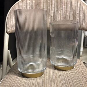 Set of Two Ribbed Glass Vases with Gold Base